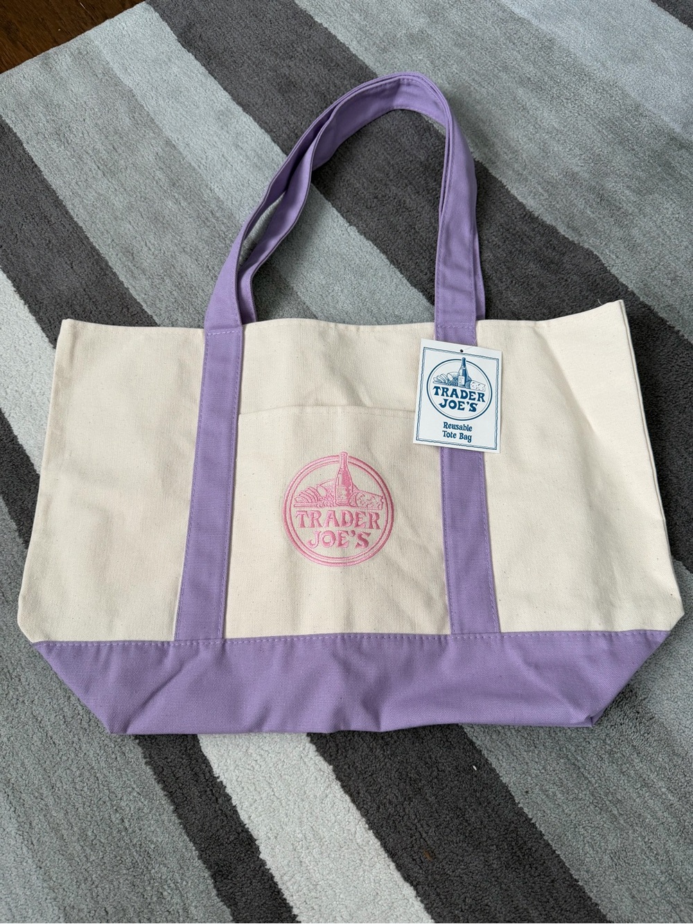 Trader Joe's Cream & Lavender Canvas Tote Bag